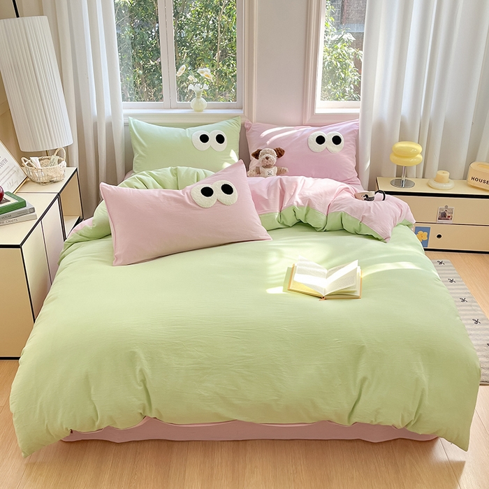 91家纺网 家纺一手货源 找家纺 禧澜庭 2026新款全棉纯棉水洗棉四件套大眼毛巾绣 抹茶绿+白桃粉