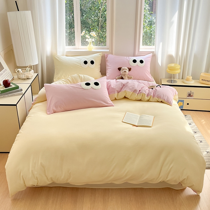 91家纺网 家纺一手货源 找家纺 禧澜庭 2026新款全棉纯棉水洗棉四件套大眼毛巾绣 奶油黄+白桃粉