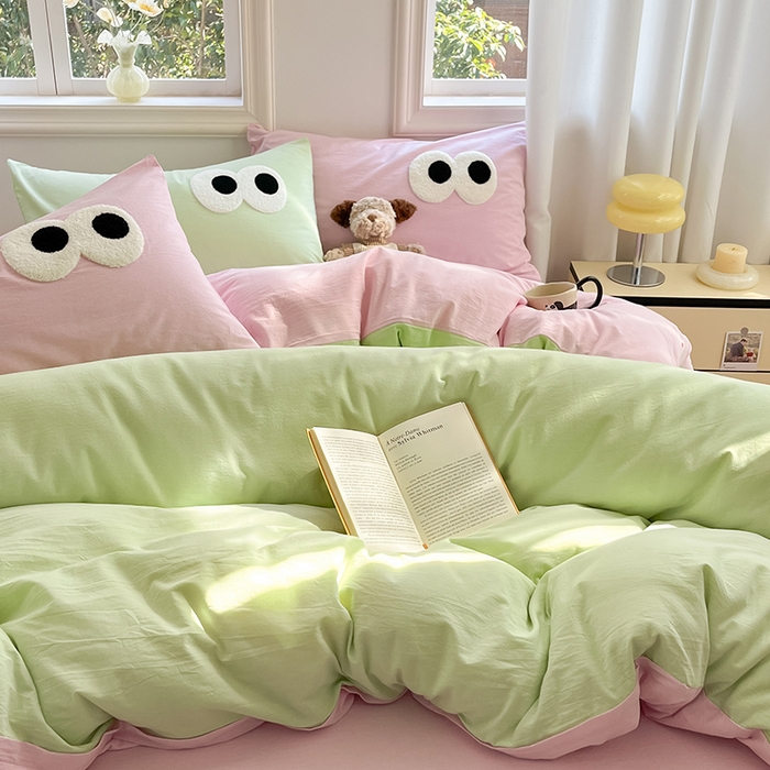 91家纺网 家纺一手货源 找家纺 禧澜庭 2026新款全棉纯棉水洗棉四件套大眼毛巾绣 抹茶绿+白桃粉