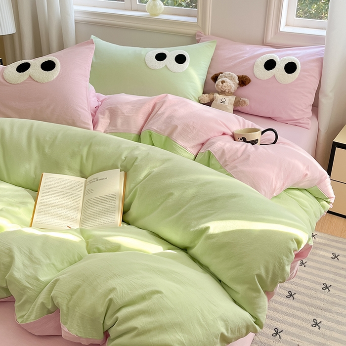 91家纺网 家纺一手货源 找家纺 禧澜庭 2026新款全棉纯棉水洗棉四件套大眼毛巾绣 抹茶绿+白桃粉