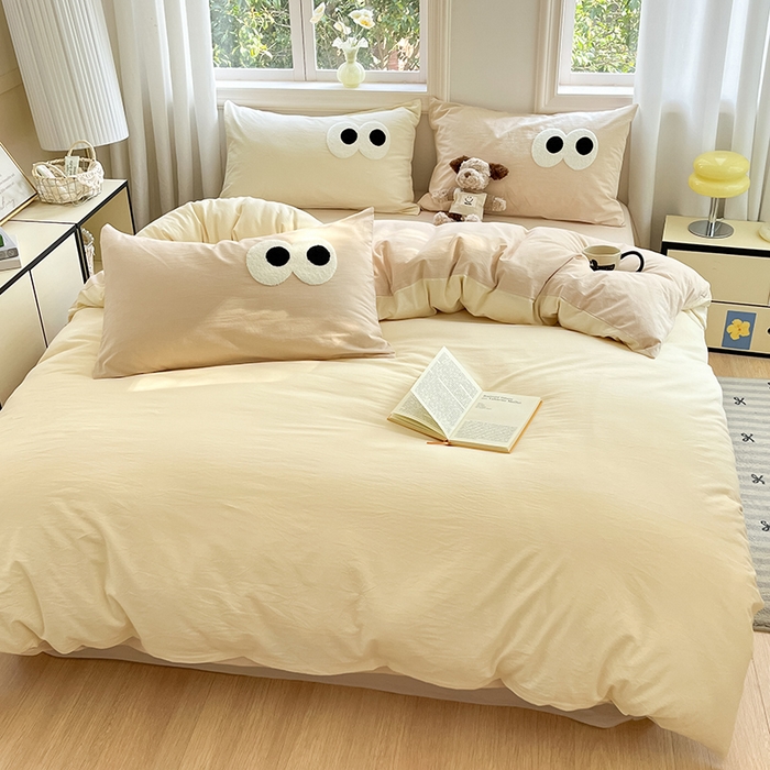 91家纺网 家纺一手货源 找家纺 禧澜庭 2026新款全棉纯棉水洗棉四件套大眼毛巾绣 菱花白+浅卡其