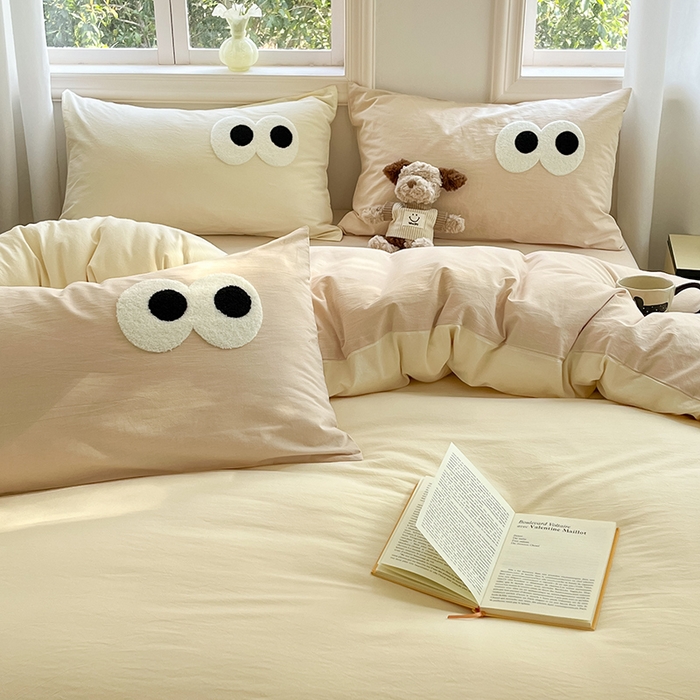 91家纺网 家纺一手货源 找家纺 禧澜庭 2026新款全棉纯棉水洗棉四件套大眼毛巾绣 菱花白+浅卡其