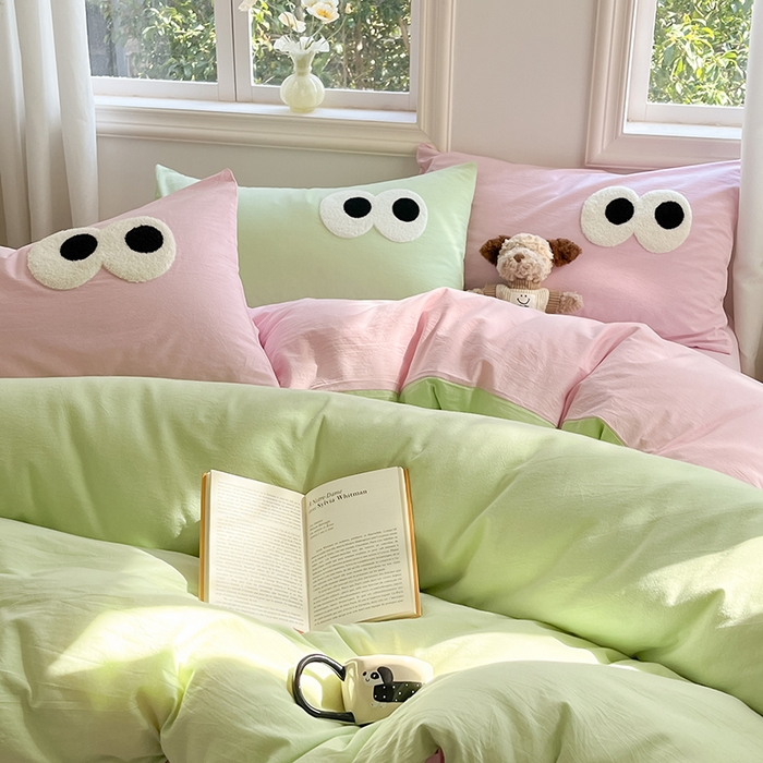 91家纺网 家纺一手货源 找家纺 禧澜庭 2026新款全棉纯棉水洗棉四件套大眼毛巾绣 抹茶绿+白桃粉