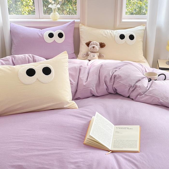 91家纺网 家纺一手货源 找家纺 禧澜庭 2026新款全棉纯棉水洗棉四件套大眼毛巾绣 兰花紫+奶油黄