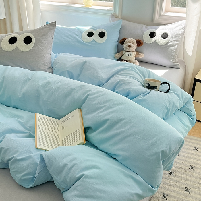 91家纺网 家纺一手货源 找家纺 禧澜庭 2026新款全棉纯棉水洗棉四件套大眼毛巾绣 海天蓝+银翼灰