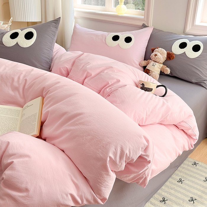 禧澜庭 2026新款全棉纯棉水洗棉四件套大眼毛巾绣 白桃粉+都市灰