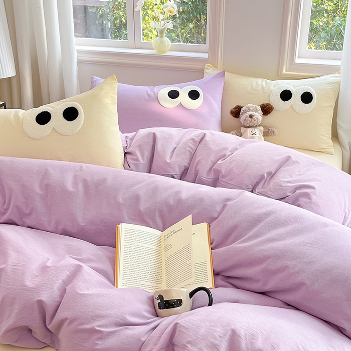 91家纺网 家纺一手货源 找家纺 禧澜庭 2026新款全棉纯棉水洗棉四件套大眼毛巾绣 兰花紫+奶油黄