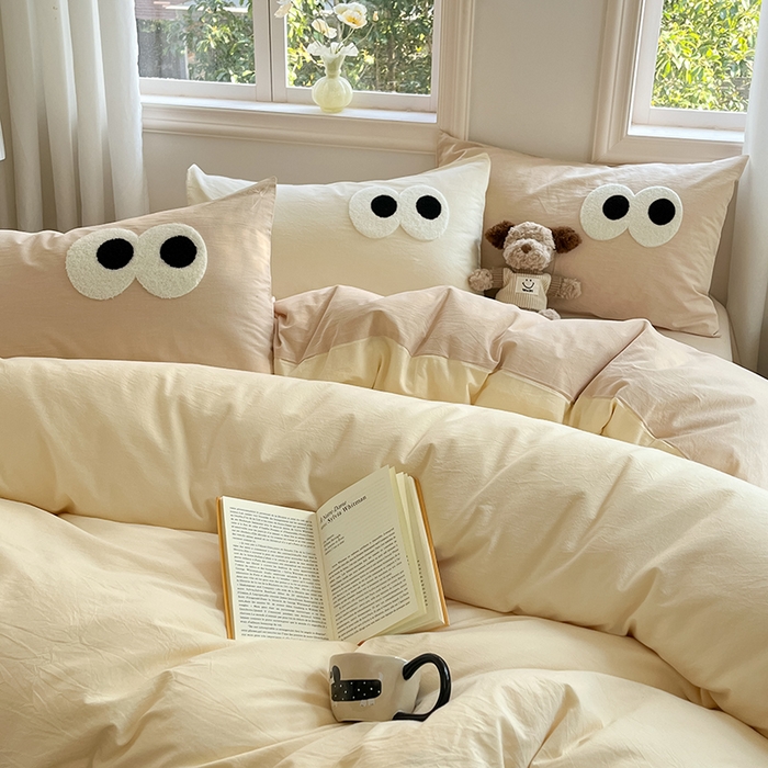 91家纺网 家纺一手货源 找家纺 禧澜庭 2026新款全棉纯棉水洗棉四件套大眼毛巾绣 菱花白+浅卡其