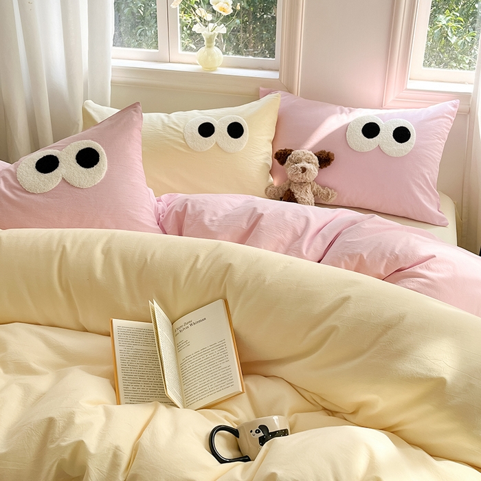 91家纺网 家纺一手货源 找家纺 禧澜庭 2026新款全棉纯棉水洗棉四件套大眼毛巾绣 奶油黄+白桃粉