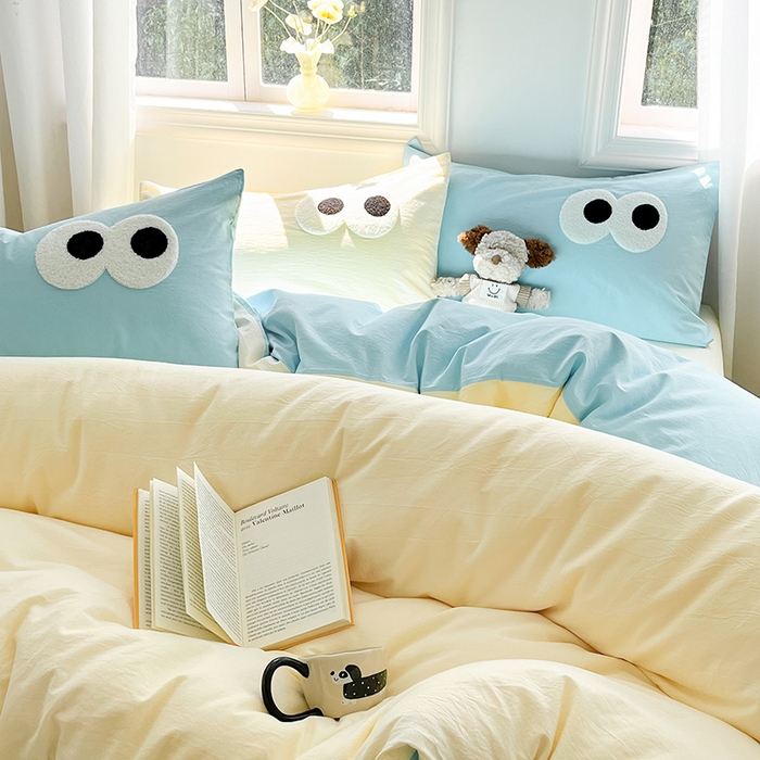 91家纺网 家纺一手货源 找家纺 禧澜庭 2026新款全棉纯棉水洗棉四件套大眼毛巾绣 奶油黄+海天蓝