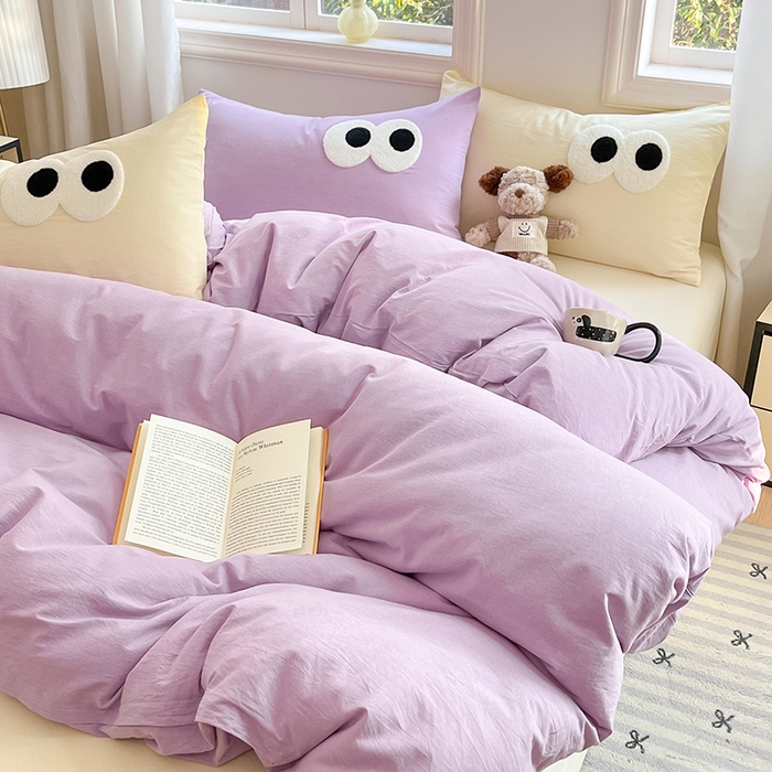 91家纺网 家纺一手货源 找家纺 禧澜庭 2026新款全棉纯棉水洗棉四件套大眼毛巾绣 兰花紫+奶油黄