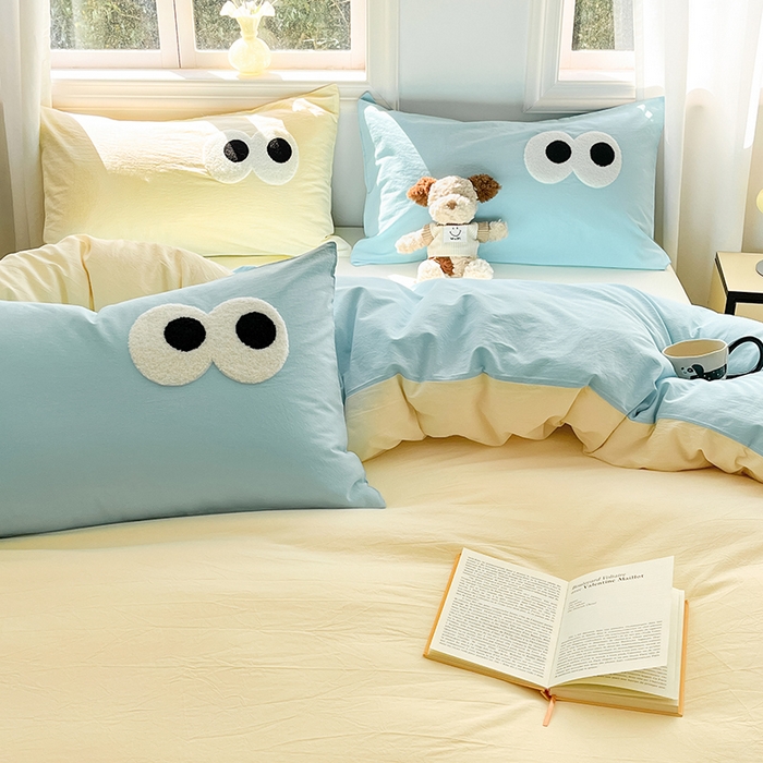 91家纺网 家纺一手货源 找家纺 禧澜庭 2026新款全棉纯棉水洗棉四件套大眼毛巾绣 奶油黄+海天蓝