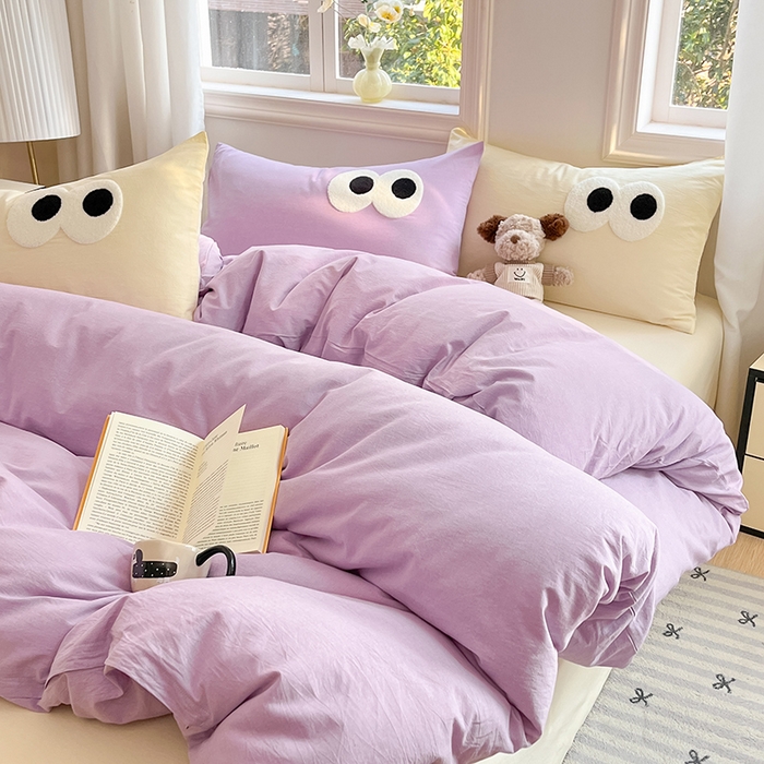 91家纺网 家纺一手货源 找家纺 禧澜庭 2026新款全棉纯棉水洗棉四件套大眼毛巾绣 兰花紫+奶油黄