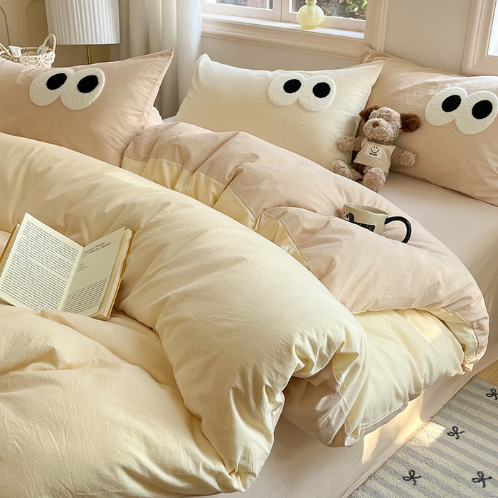 禧澜庭 2026新款全棉纯棉水洗棉四件套大眼毛巾绣 菱花白+浅卡其