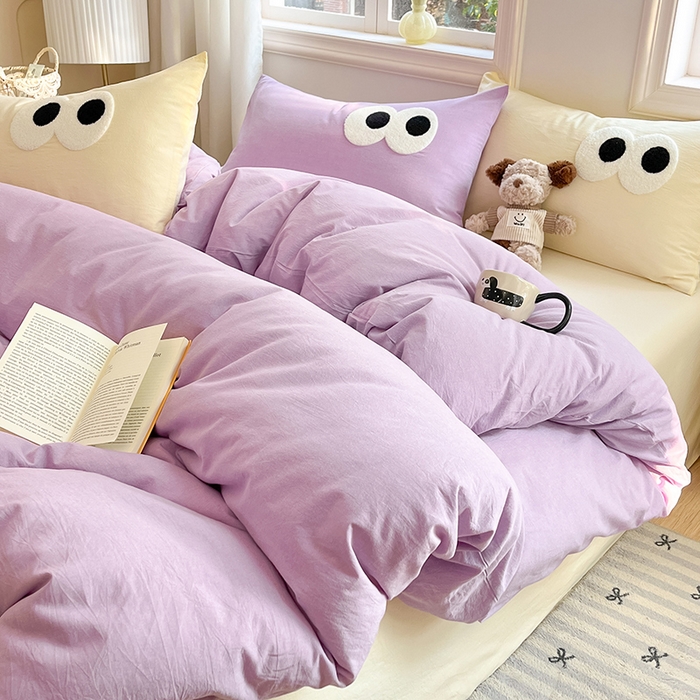 禧澜庭 2026新款全棉纯棉水洗棉四件套大眼毛巾绣 兰花紫+奶油黄