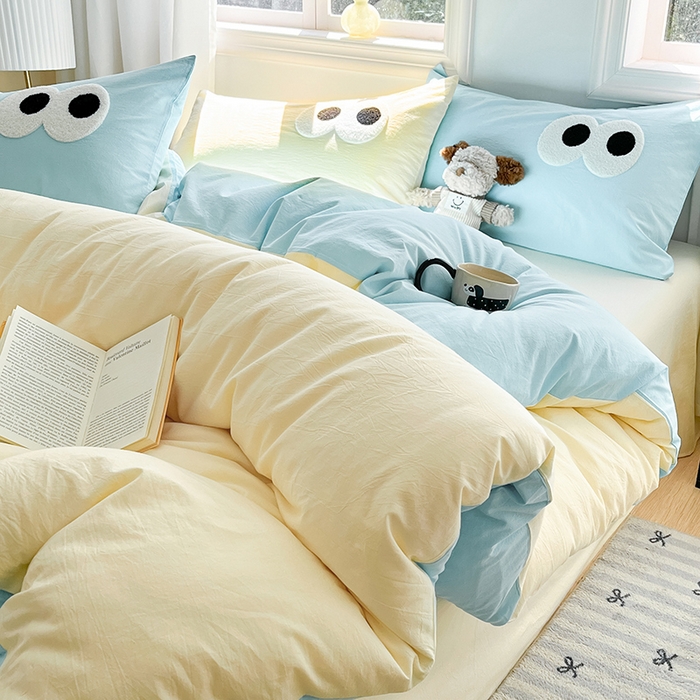 禧澜庭 2026新款全棉纯棉水洗棉四件套大眼毛巾绣 奶油黄+海天蓝