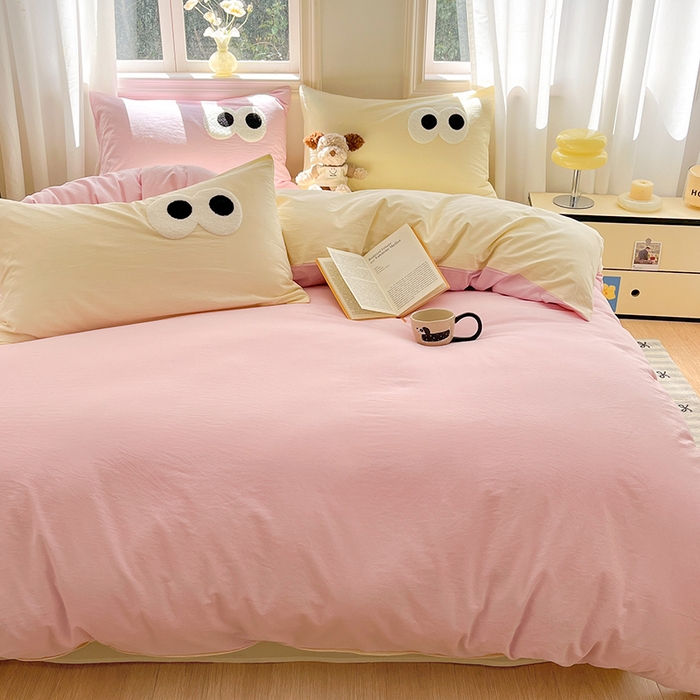 91家纺网 家纺一手货源 找家纺 禧澜庭 2026新款全棉纯棉水洗棉四件套大眼毛巾绣 白桃粉+奶油黄