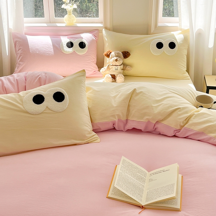 91家纺网 家纺一手货源 找家纺 禧澜庭 2026新款全棉纯棉水洗棉四件套大眼毛巾绣 白桃粉+奶油黄