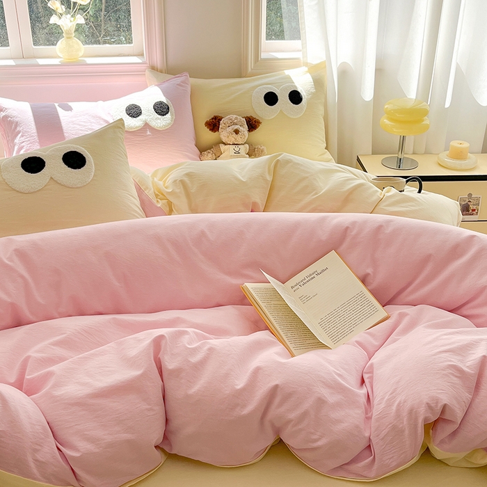 91家纺网 家纺一手货源 找家纺 禧澜庭 2026新款全棉纯棉水洗棉四件套大眼毛巾绣 白桃粉+奶油黄