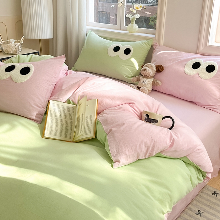 91家纺网 家纺一手货源 找家纺 禧澜庭 2026新款全棉纯棉水洗棉四件套大眼毛巾绣 抹茶绿+白桃粉