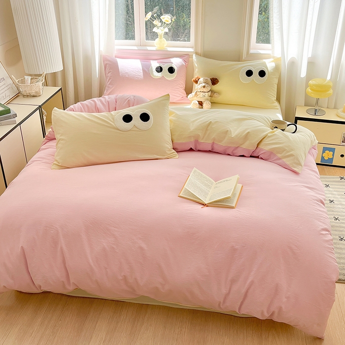 91家纺网 家纺一手货源 找家纺 禧澜庭 2026新款全棉纯棉水洗棉四件套大眼毛巾绣 白桃粉+奶油黄