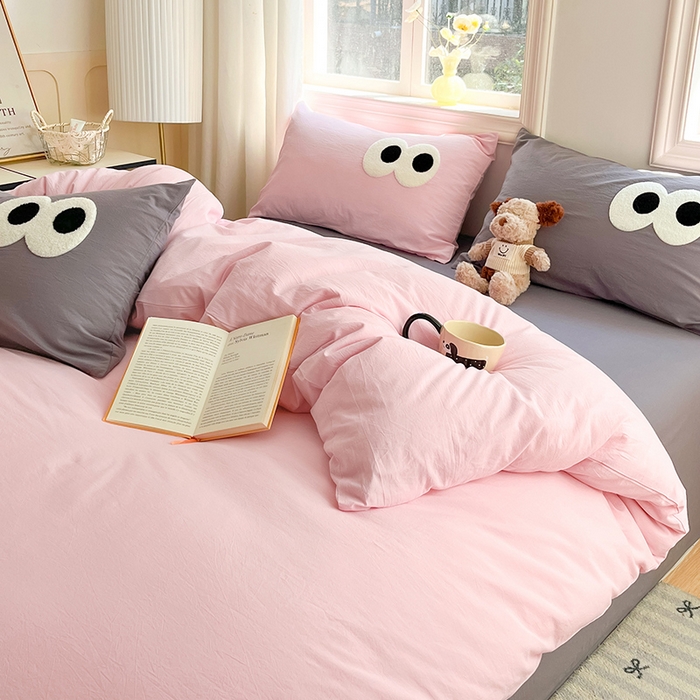 91家纺网 家纺一手货源 找家纺 禧澜庭 2026新款全棉纯棉水洗棉四件套大眼毛巾绣 白桃粉+都市灰