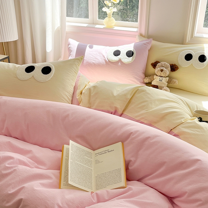 91家纺网 家纺一手货源 找家纺 禧澜庭 2026新款全棉纯棉水洗棉四件套大眼毛巾绣 白桃粉+奶油黄