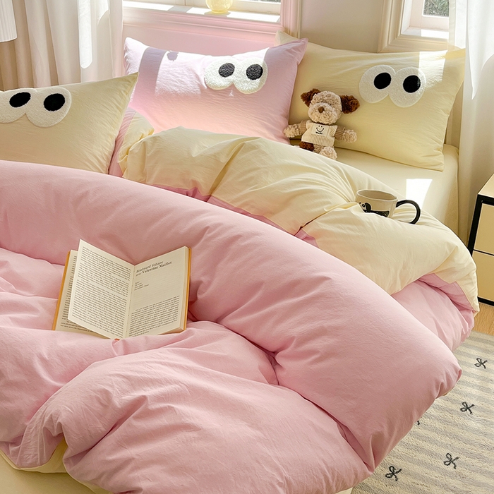 91家纺网 家纺一手货源 找家纺 禧澜庭 2026新款全棉纯棉水洗棉四件套大眼毛巾绣 白桃粉+奶油黄