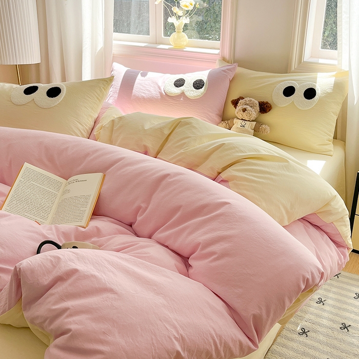 91家纺网 家纺一手货源 找家纺 禧澜庭 2026新款全棉纯棉水洗棉四件套大眼毛巾绣 白桃粉+奶油黄