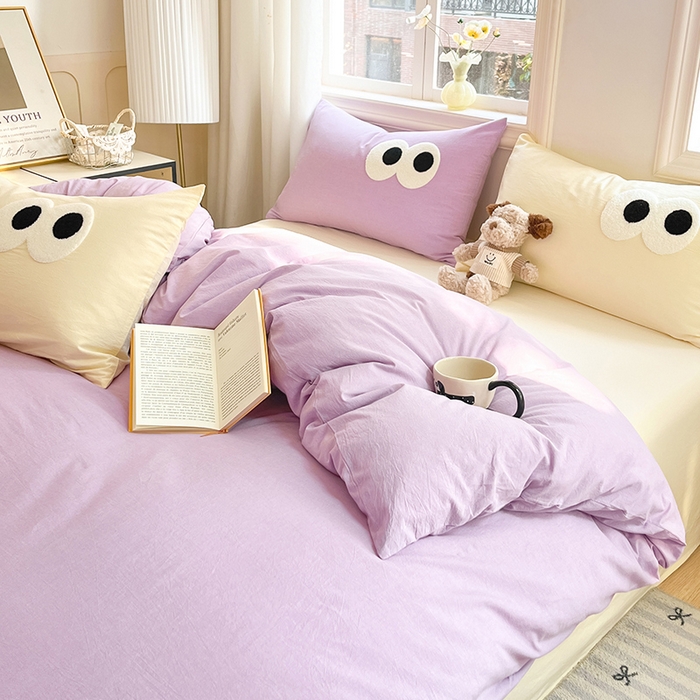 91家纺网 家纺一手货源 找家纺 禧澜庭 2026新款全棉纯棉水洗棉四件套大眼毛巾绣 兰花紫+奶油黄