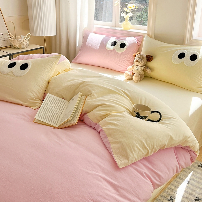 91家纺网 家纺一手货源 找家纺 禧澜庭 2026新款全棉纯棉水洗棉四件套大眼毛巾绣 白桃粉+奶油黄