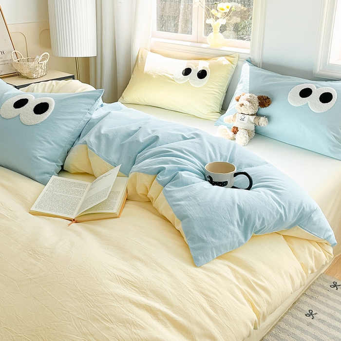 91家纺网 家纺一手货源 找家纺 禧澜庭 2026新款全棉纯棉水洗棉四件套大眼毛巾绣 奶油黄+海天蓝