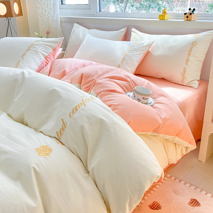 91家纺网 家纺一手货源 找家纺 禧澜庭 2026新款纯棉全棉斜纹四件套刺绣绣花款春小清新三件套-幸运花 幸运花-奶昔白+玉色