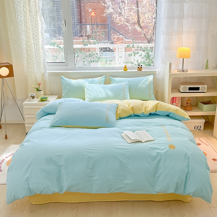 91家纺网 家纺一手货源 找家纺 （总）禧澜庭 2026新款纯棉全棉斜纹四件套刺绣绣花款春小清新三件套-幸运花