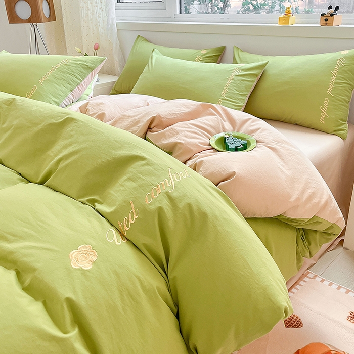 91家纺网 家纺一手货源 找家纺 禧澜庭 2026新款纯棉全棉斜纹四件套刺绣绣花款春小清新三件套-幸运花 幸运花-嫩芽绿+卡其