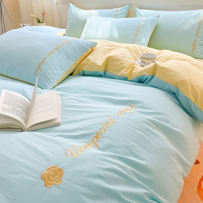 91家纺网 家纺一手货源 找家纺 禧澜庭 2026新款纯棉全棉斜纹四件套刺绣绣花款春小清新三件套-幸运花 幸运花-天空蓝+奶黄