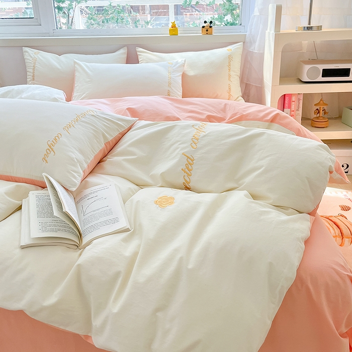 91家纺网 家纺一手货源 找家纺 禧澜庭 2026新款纯棉全棉斜纹四件套刺绣绣花款春小清新三件套-幸运花 幸运花-奶昔白+玉色