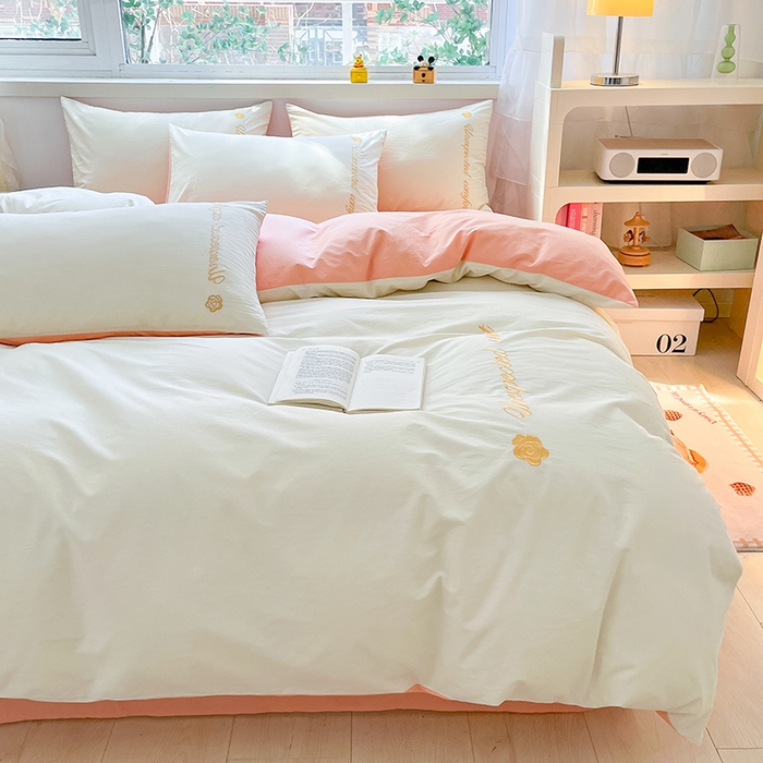 91家纺网 家纺一手货源 找家纺 禧澜庭 2026新款纯棉全棉斜纹四件套刺绣绣花款春小清新三件套-幸运花 幸运花-奶昔白+玉色