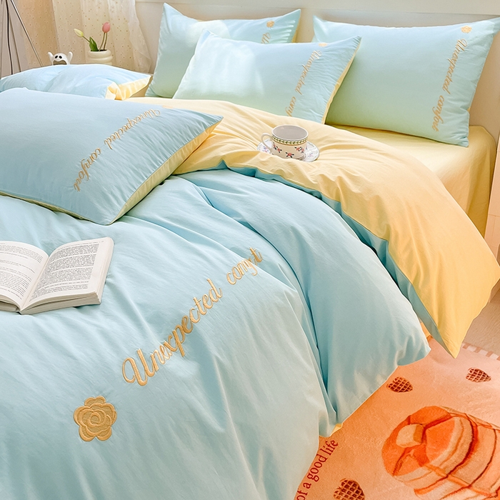 91家纺网 家纺一手货源 找家纺 禧澜庭 2026新款纯棉全棉斜纹四件套刺绣绣花款春小清新三件套-幸运花 幸运花-天空蓝+奶黄