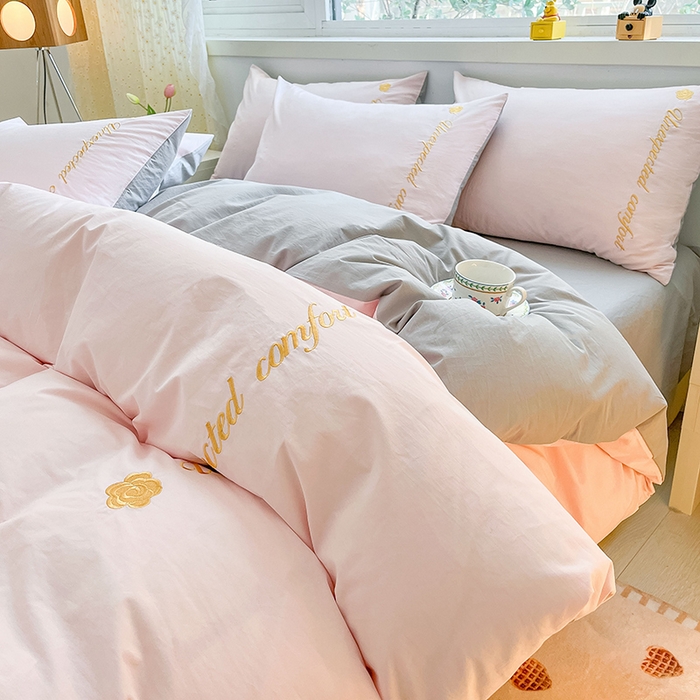 禧澜庭 2026新款纯棉全棉斜纹四件套刺绣绣花款春小清新三件套-幸运花 幸运花-优雅粉+中灰