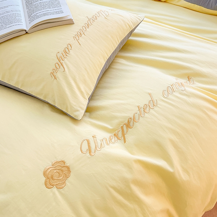 91家纺网 家纺一手货源 找家纺 禧澜庭 2026新款纯棉全棉斜纹四件套刺绣绣花款春小清新三件套-幸运花 幸运花-芝士黄+中灰