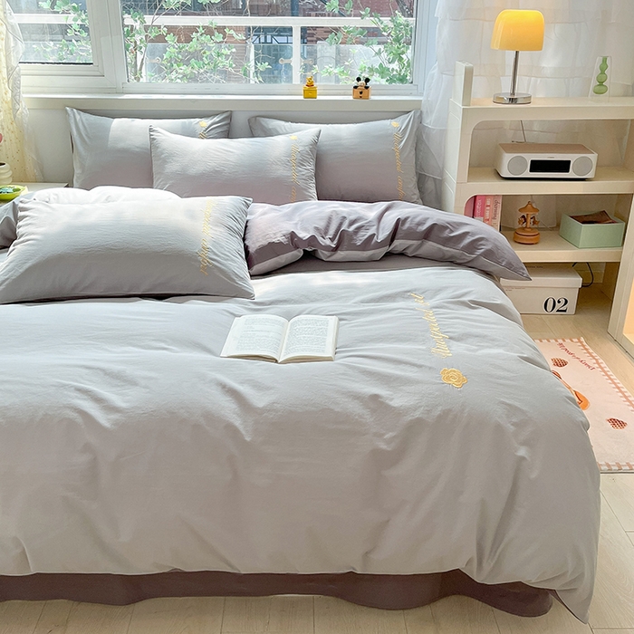 91家纺网 家纺一手货源 找家纺 禧澜庭 2026新款纯棉全棉斜纹四件套刺绣绣花款春小清新三件套-幸运花 幸运花-冰川灰+中灰