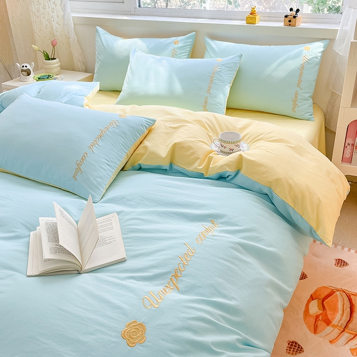 91家纺网 家纺一手货源 找家纺 禧澜庭 2026新款纯棉全棉斜纹四件套刺绣绣花款春小清新三件套-幸运花 幸运花-天空蓝+奶黄