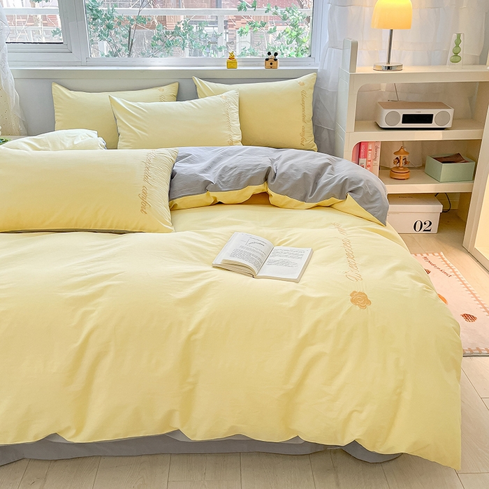 91家纺网 家纺一手货源 找家纺 禧澜庭 2026新款纯棉全棉斜纹四件套刺绣绣花款春小清新三件套-幸运花 幸运花-芝士黄+中灰