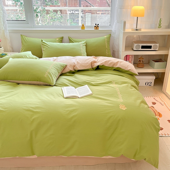 91家纺网 家纺一手货源 找家纺 禧澜庭 2026新款纯棉全棉斜纹四件套刺绣绣花款春小清新三件套-幸运花 幸运花-嫩芽绿+卡其