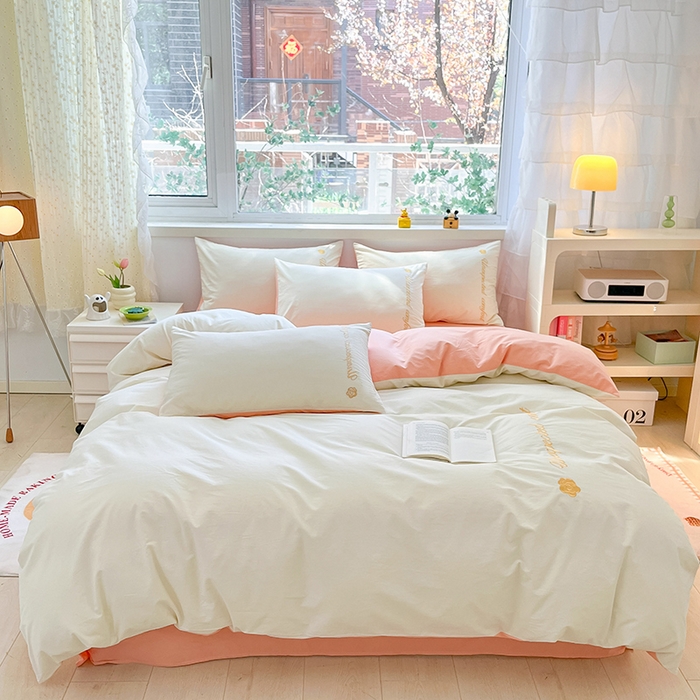 91家纺网 家纺一手货源 找家纺 禧澜庭 2026新款纯棉全棉斜纹四件套刺绣绣花款春小清新三件套-幸运花 幸运花-奶昔白+玉色