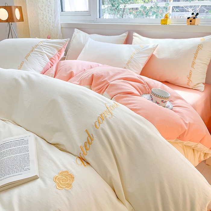 91家纺网 家纺一手货源 找家纺 禧澜庭 2026新款纯棉全棉斜纹四件套刺绣绣花款春小清新三件套-幸运花 幸运花-奶昔白+玉色