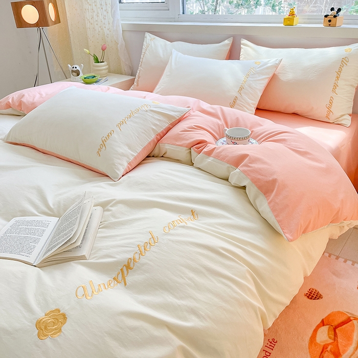 91家纺网 家纺一手货源 找家纺 禧澜庭 2026新款纯棉全棉斜纹四件套刺绣绣花款春小清新三件套-幸运花 幸运花-奶昔白+玉色