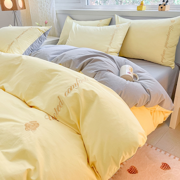 禧澜庭 2026新款纯棉全棉斜纹四件套刺绣绣花款春小清新三件套-幸运花 幸运花-芝士黄+中灰