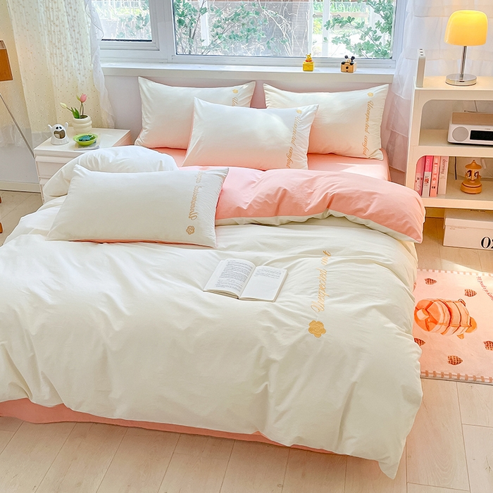 91家纺网 家纺一手货源 找家纺 禧澜庭 2026新款纯棉全棉斜纹四件套刺绣绣花款春小清新三件套-幸运花 幸运花-奶昔白+玉色